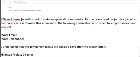 Example email authorizing someone to enter info into GrantSolutions. The permission requires name, email, and telephone.